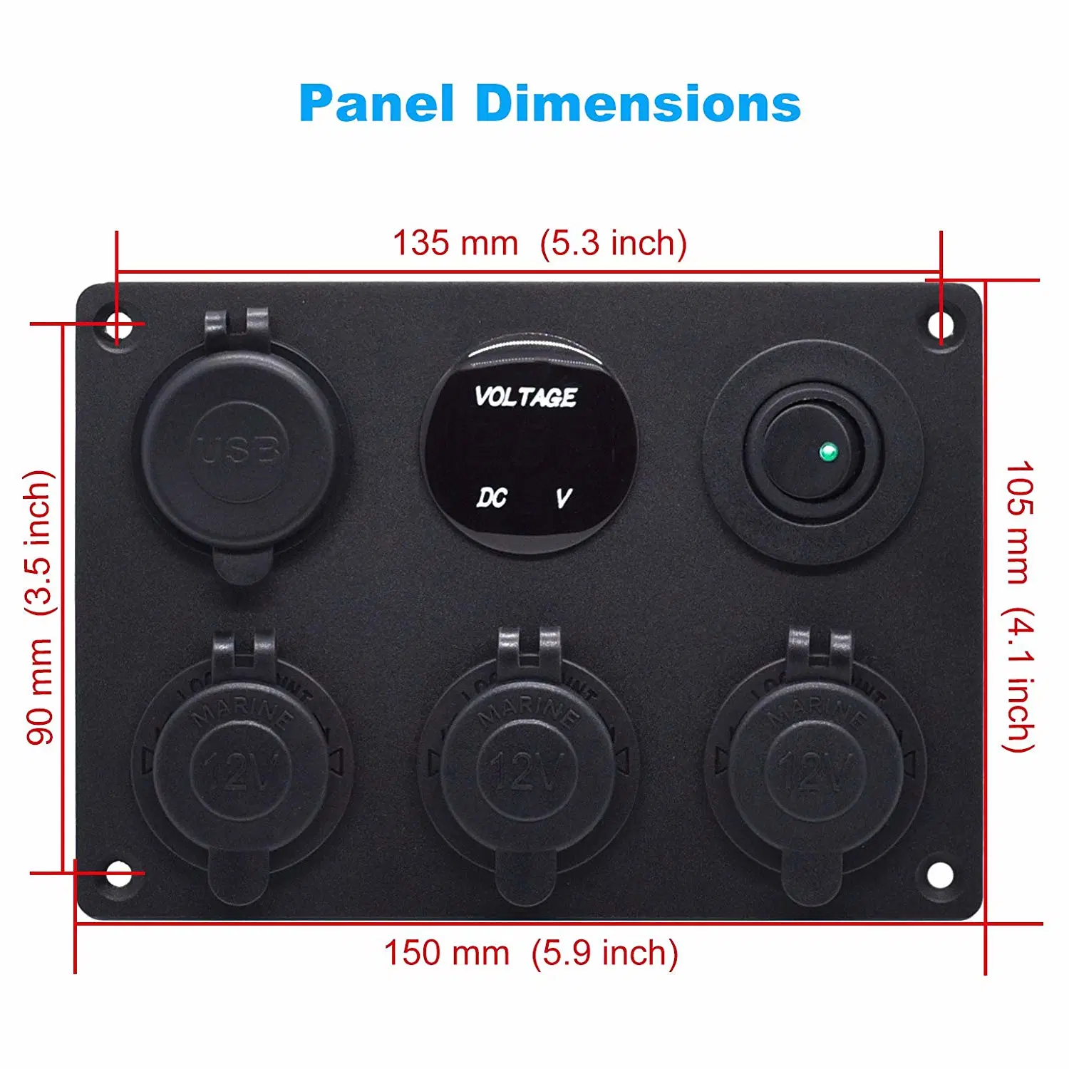 6 Hole Aluminum Automotive Panel with Dual USB Socket, Voltmeter, Power Socket and Toggle Switch