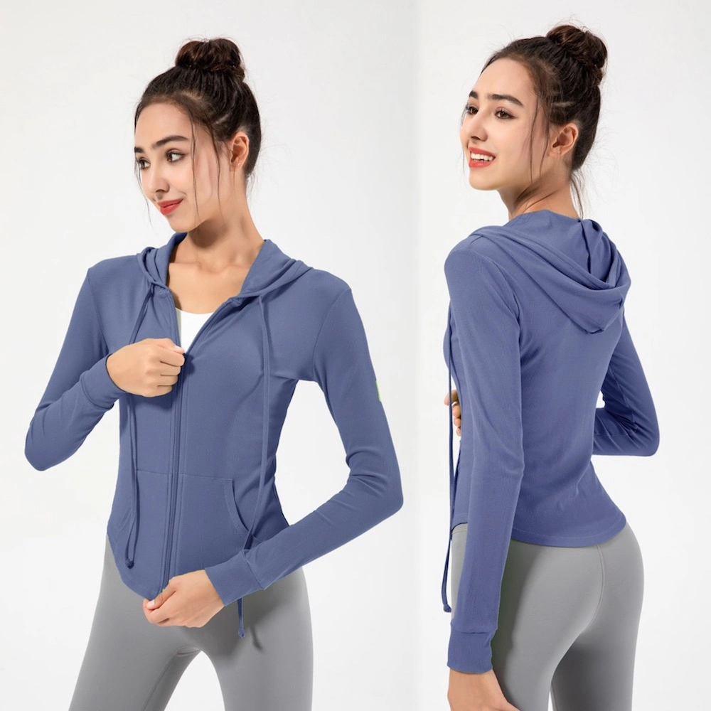 New Design Cute Slim Fit Long Sleeve Athletic Running Hooded Jacket with Full Zipper, Custom Daily Ball Sports Fitness Hoodies with Side Pockets for Women