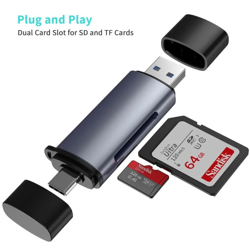 Smartphone SD Card Reader USB 3.0 & Type-C Supports SD/TF for Laptop