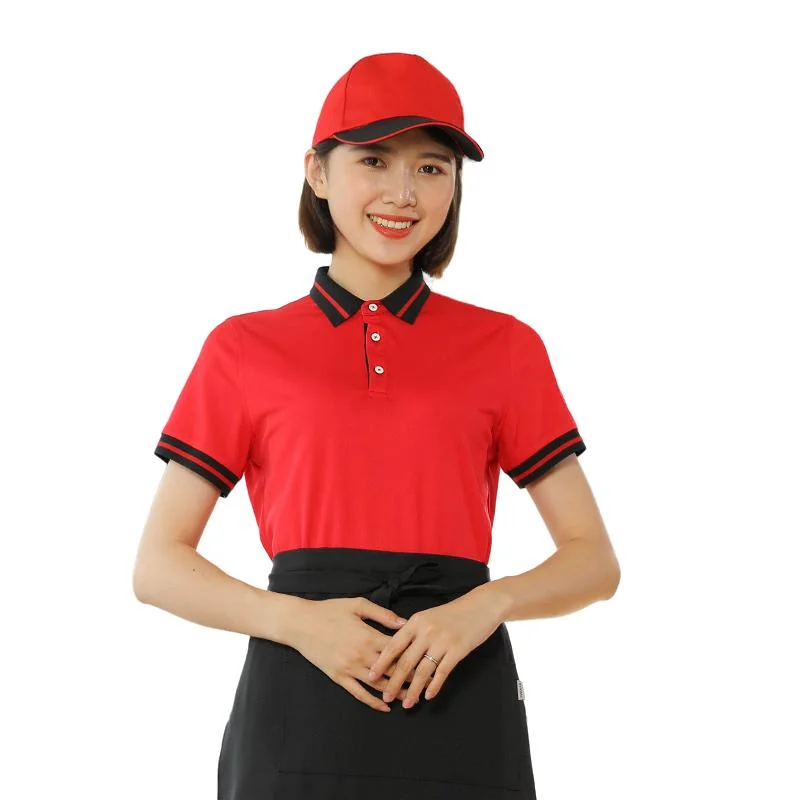 The Latest Chinese Lively Big Red Passionate Slim Short-Sleeved Shirt Restaurant Catering Uniform Set Chef Clothing Workwear