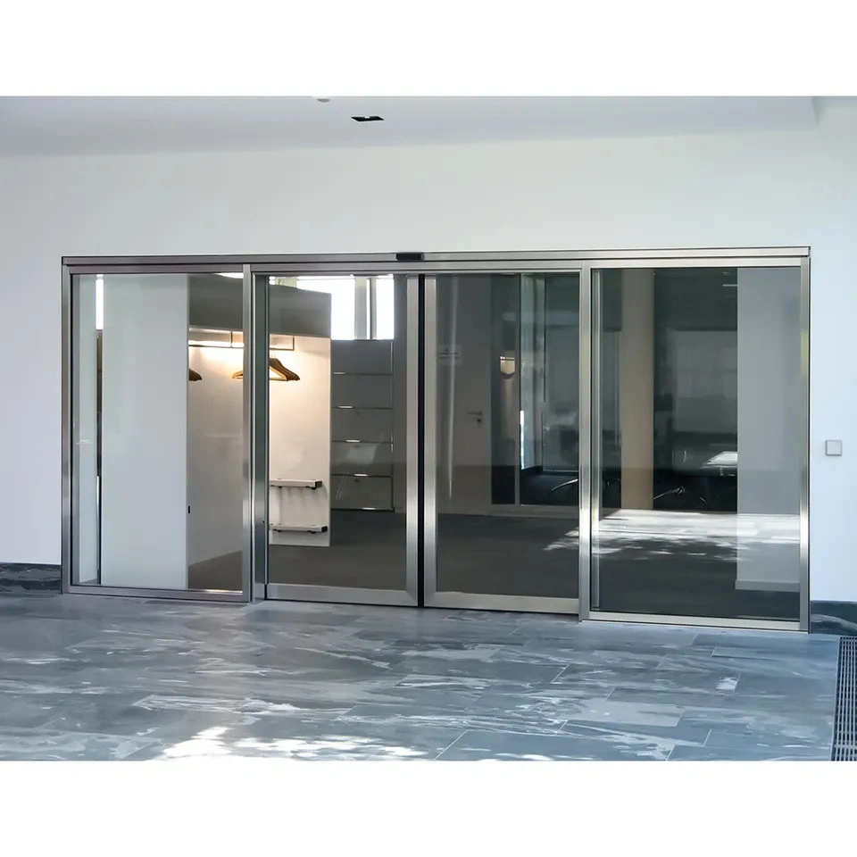 Infraed Micro Wave Sensor Aluminium Frame Graphic Design Modern Double Tempered Glass Electric Side Opening Sliding Door