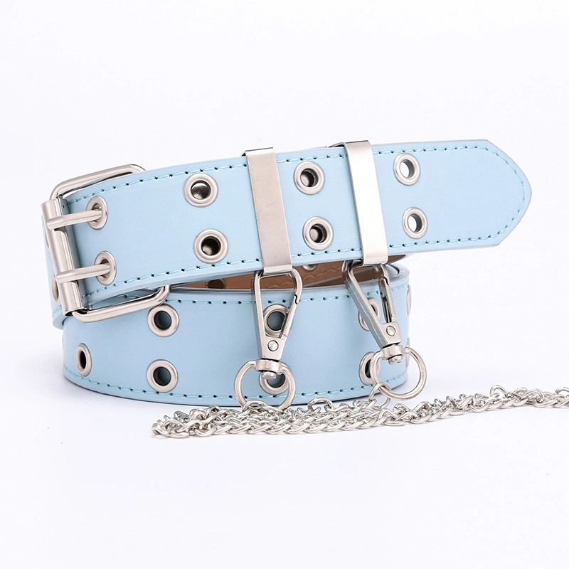 New Punk Style Double Eyelet PU Belt Women's Korean Style Jeans Fashion Chain Decoration Wide Belt Women