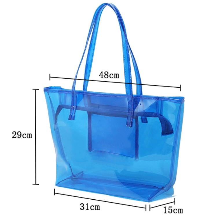 Fashion Wholesale/Supplier Clear PVC Shoulder Tote Bag with Zipper Large Blue Beach Bag Factory Transparent PVC Lady Tote Bag