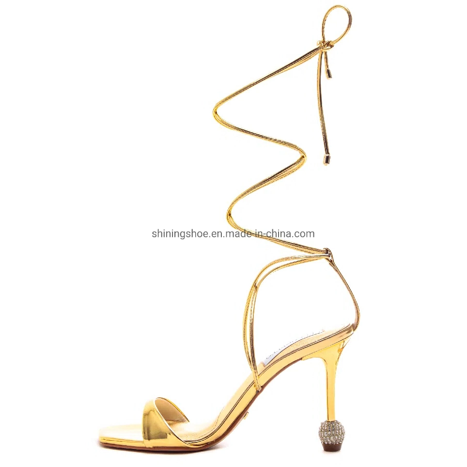 Rose Gold Leather Tie up Ball Shape Heel Women Sandals