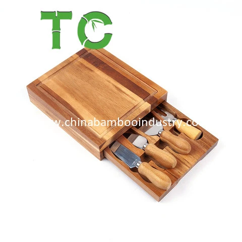 Großhandel Holz Käse Board und 4 Stahl Messer Set Holz Charcuterie-Platte mit ausziehbaren Besteckschublade