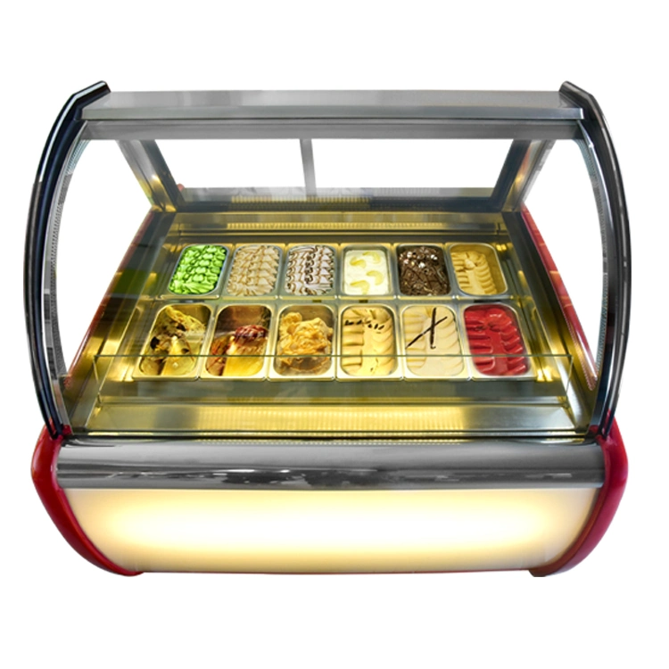 Commercial 12 Pans 304 Material Curved Sliding Glass Door Italy Gelato Hard Ice Cream Showcase Refrigerator Display Cooler