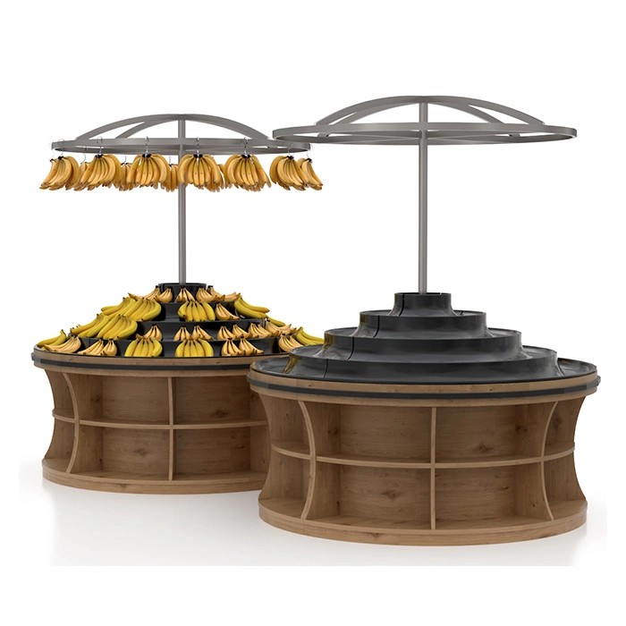 Four Step Riser Wooden Round Table Supermarket Fruit Display Rack