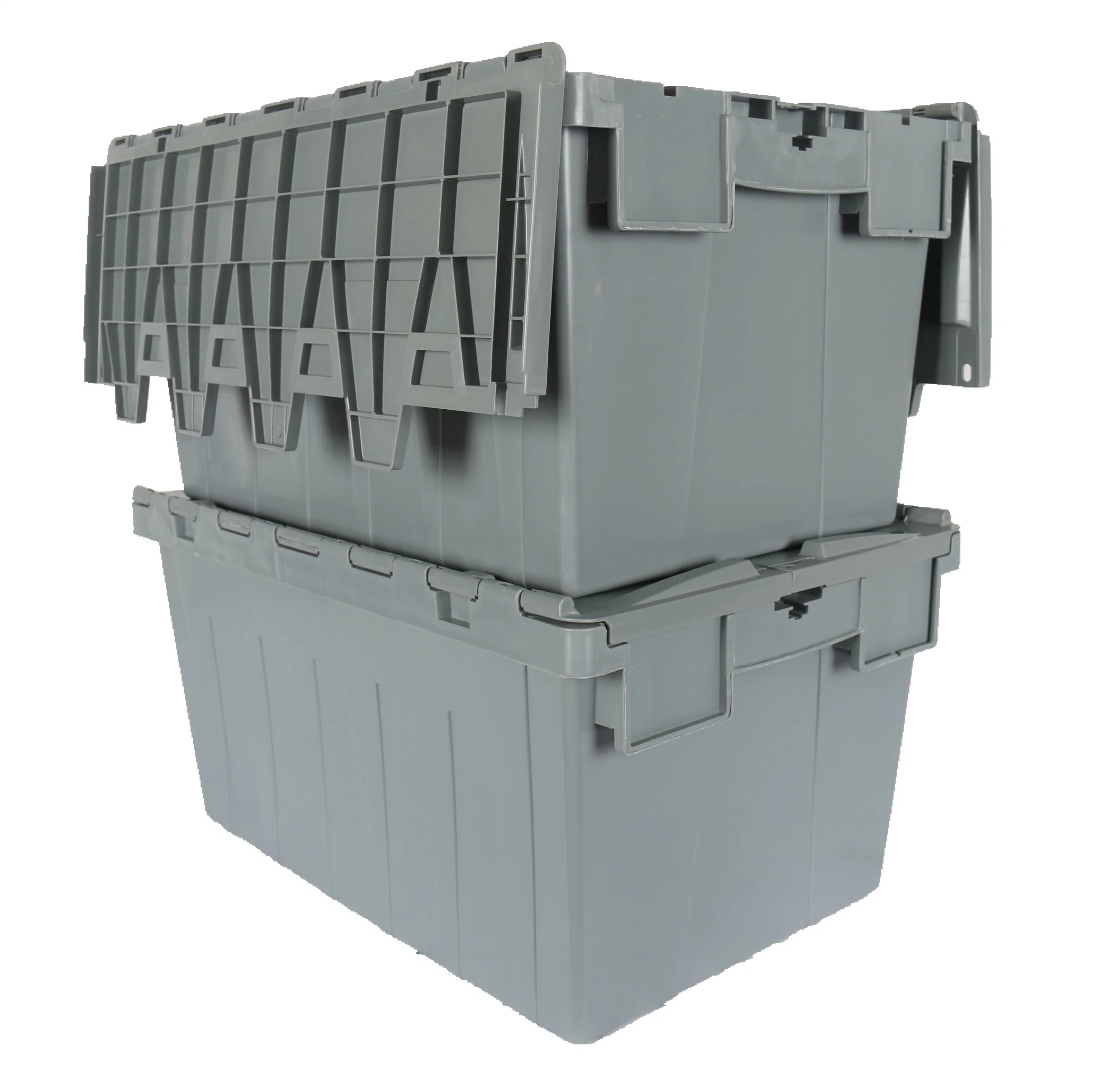 Industrial Stack and Nest Plastic Container with Attached Lid