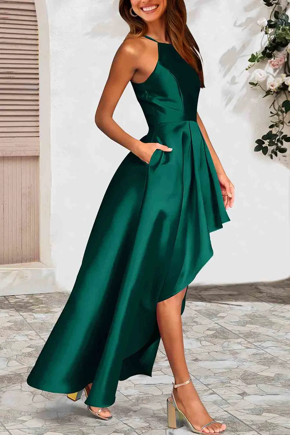 Fabricante chino Mayorista/Proveedor Nuevo Diseño Boda Fiesta Verde Satén Sin Mangas Plisado Alto Bajo Sexy Prom Maxi Moda Vestido de Noche para Mujer