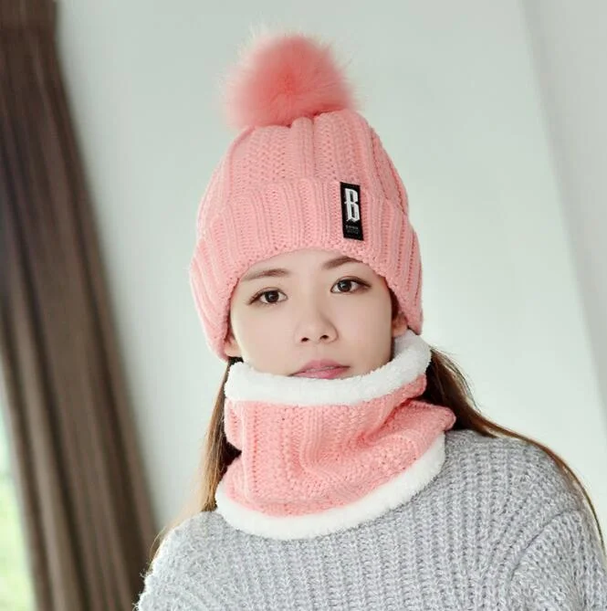 Outdoor Autumn and Winter Plus Velvet Thick Wool Cap Warm Ear Protection Wool Ball Scarf Cap Women's Knitted Hat Set