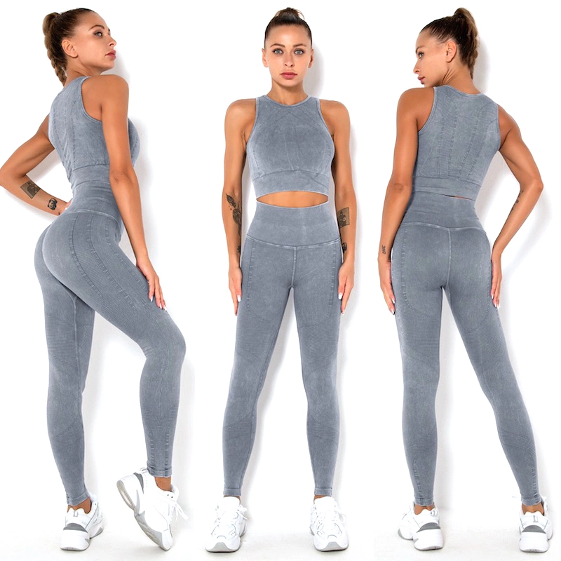 Tiktok Banheira Cinzento azulado Padrão de denim impresso roupas Fitness Sportswear para mulheres, Conservador ginásio topo e treino Perneiras Jeans-Style Matching Conjuntos de atletismo