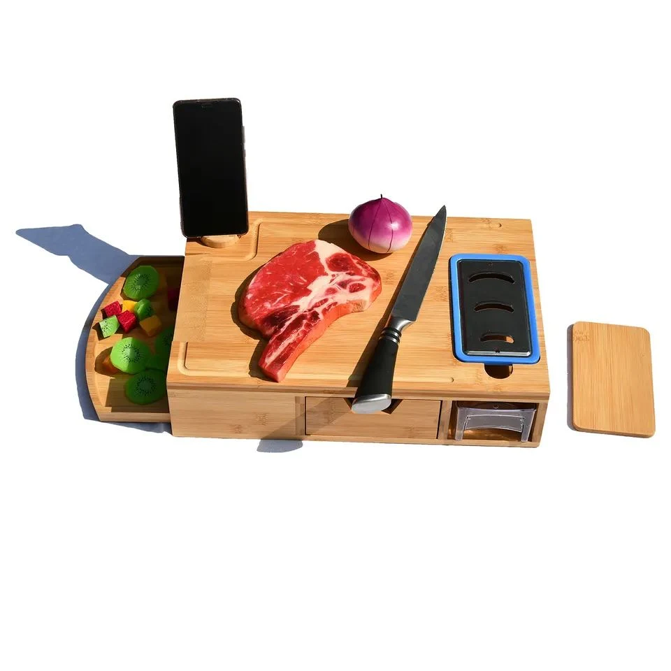 Chpppinh Board Wood Wooden Wine Rack Bamboobamboo Chopping Board with Phone Holder Trays Graters Lid