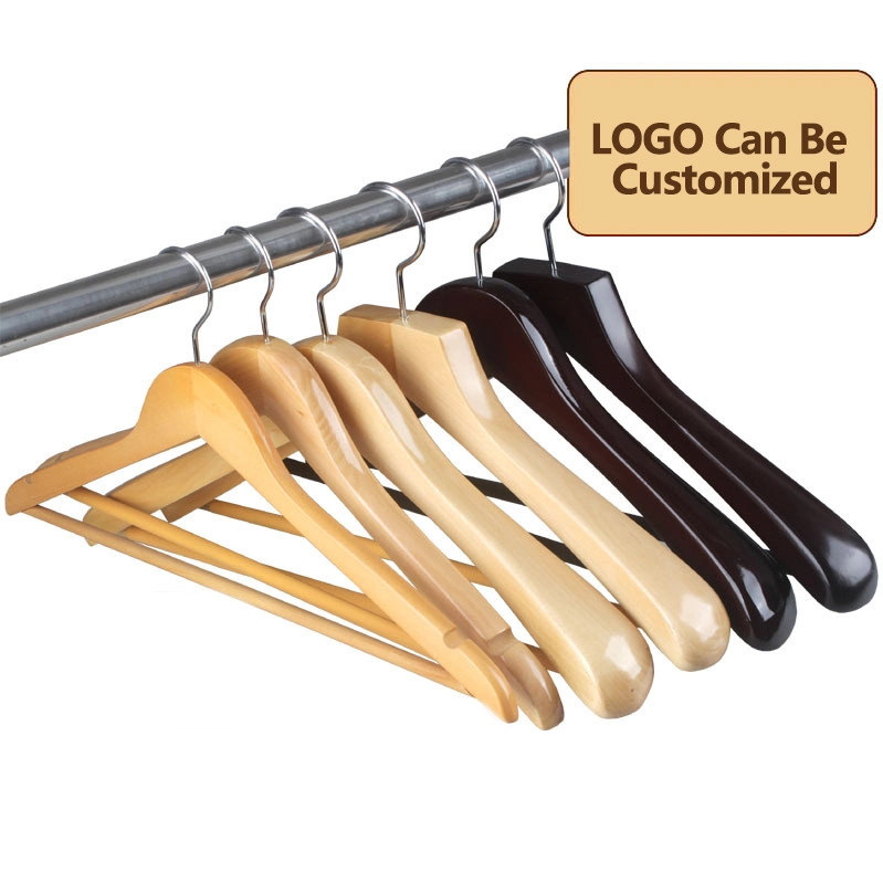 High-Quality Hotel Wooden Hangers of Solid Wood in Natural/Dark/Cherry Finish with Metal Chrome Hook or Bottom Bar for Coat/Suit/Shirt for Luxurious Hotels