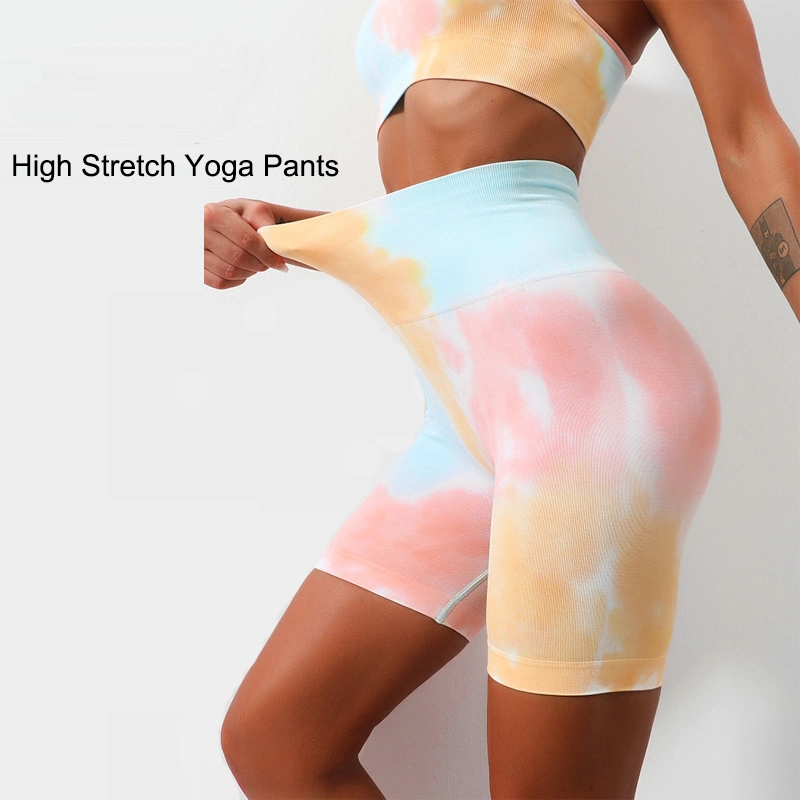Tie Dye Style High Waist Fitness Triple Pants Honey Peach Hip Lift Yoga Sports Tight Shorts
