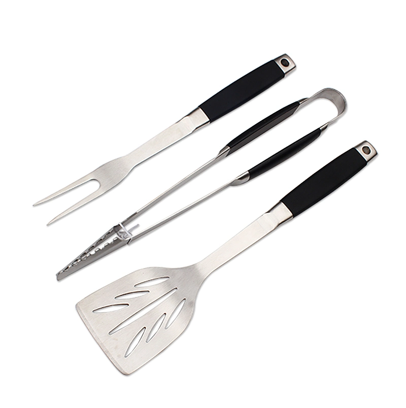 New Design OEM Accepted Outdoor Portable 3PCS Stainless Steel BBQ Tool Set with TPR Handle