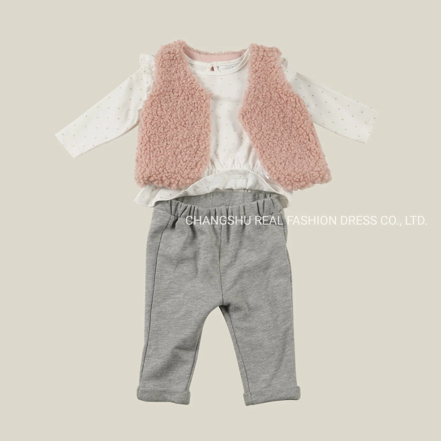 Infant Clothes Girl Baby Woven Suit Wear Made of Pink Faux Fur Vest White Top with Gold Foil and Grey Terry Pant