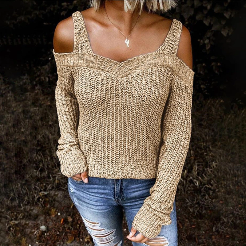 Spring Women Sling Long Sleeve Casual Knit Pullover Sweater