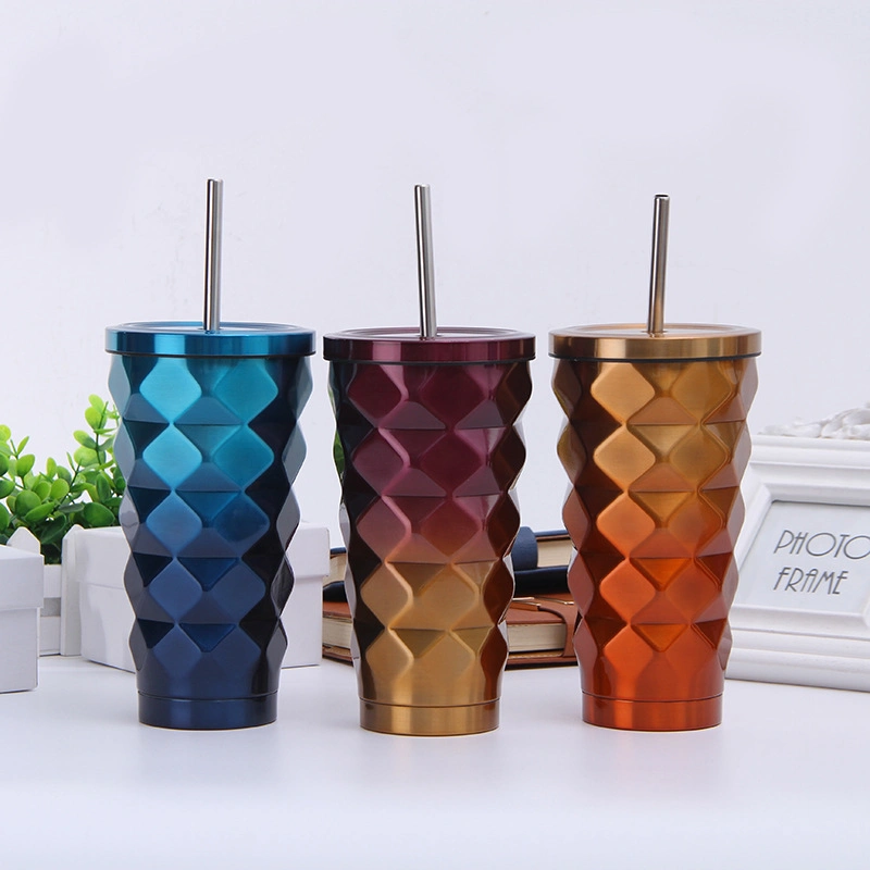 Factory Customized Fashion Design Stainless Steel Insulated Tumbler Coffee Mug Handheld Gradient Diamond Ice Cup with Straw