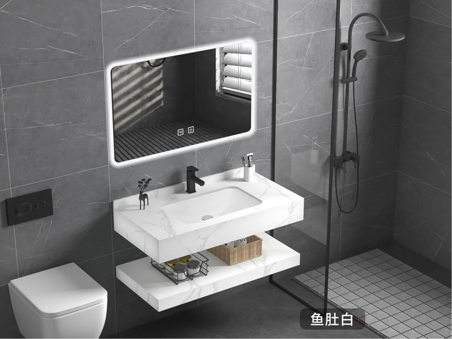 Moderno espejo LED Cuarto de baño Muebles Vanities Armario Muebles con roca Cuenca de placas