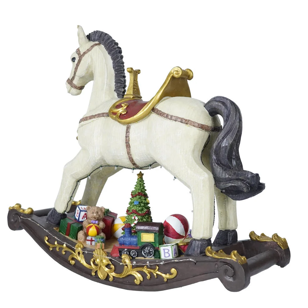 Customized Noel Holiday Decor LED Christmas Resin Musical Rocking Horse with 8 Songs