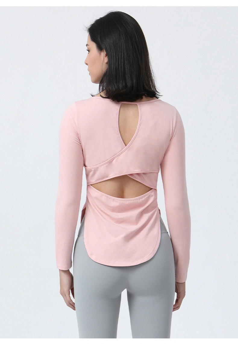 Damen Baumwoll Langarm Workout Shirts Open Back Yoga Tops Klassische Sportbekleidung Mit Passform