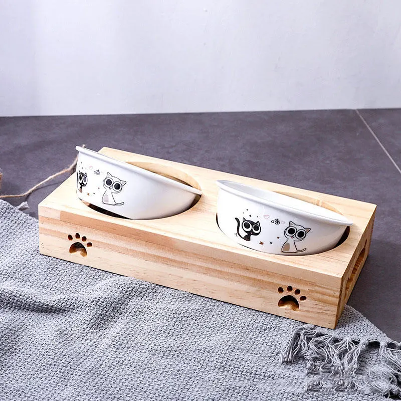 Best Products Pet Double Bowl Solid Wooden Bowl Rack Wooden Dog Food Bowl