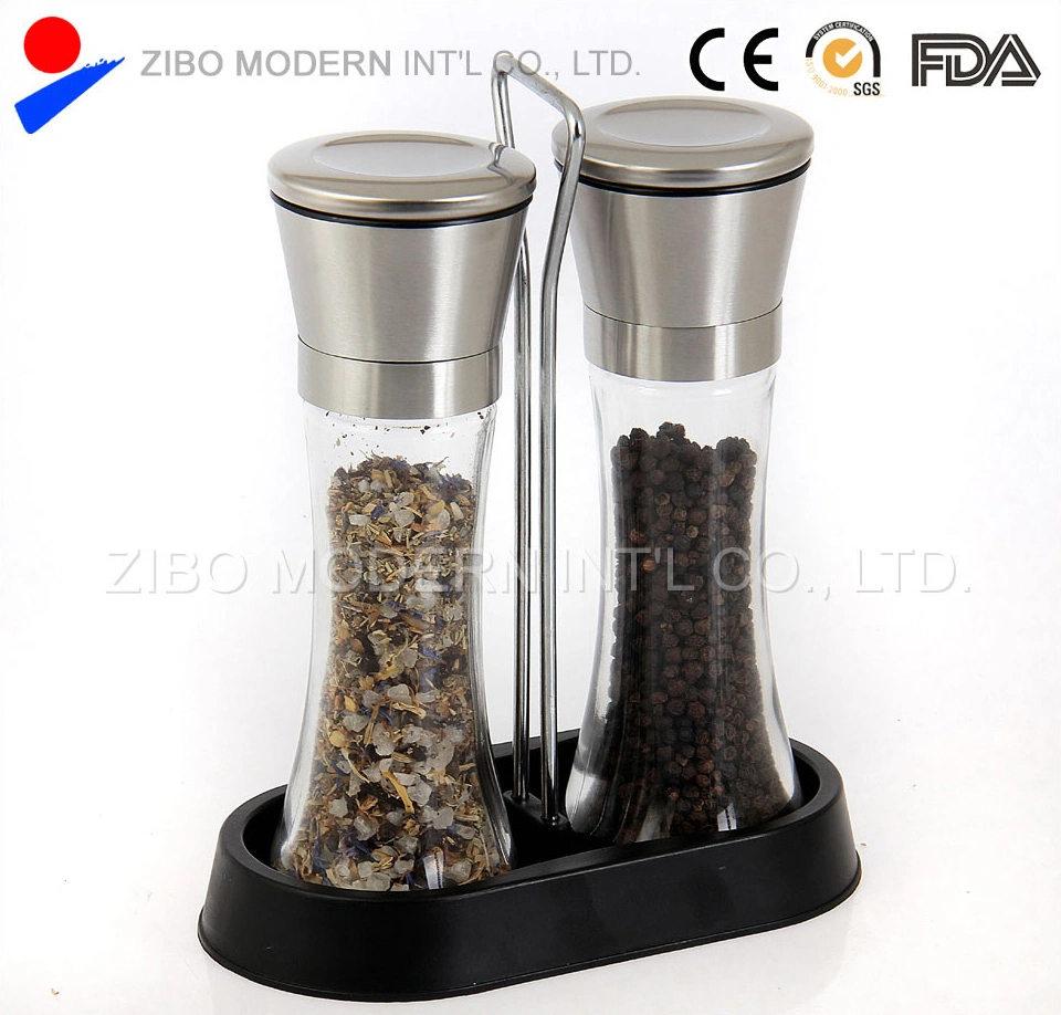 6 Oz Stainless Steel Salt and Pepper Grinder Set Pepper Mill and Salt Mill, Glass Tall Body with Rack, Herb Grinder, Herb Mill, Spicy Grinder, Spicy Mill