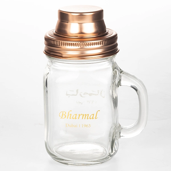 Embossed Measuring Bar Bottle Glass Mason Jar with Stainless Steel Cocktail Shaker Lid