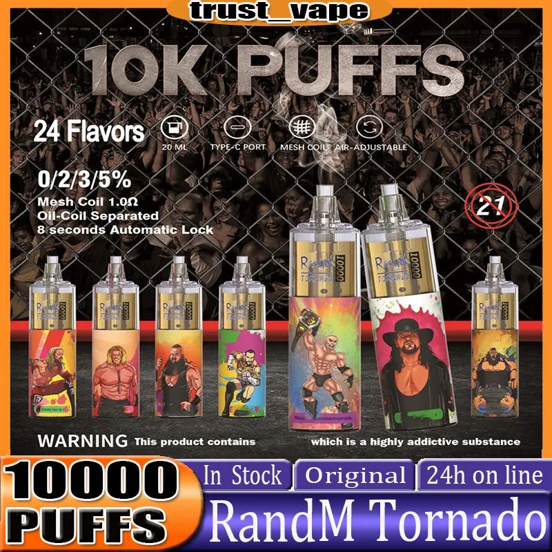 Randm Tornado 10000 Puff E Cigarette Puts 10000 Disposable قلم مزود بوحدة تحكم قابلة لإعادة الشحن في تدفق هواء البطارية، ملف شبكي سعة 20 مل مملوء مسبقًا قطعة من القردة رقم 10 K