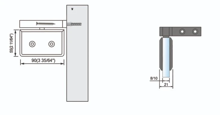 Montant de la douche pivotante en gros charnières côté droit illustré décalage Support de montage mural pour la porte vitrée