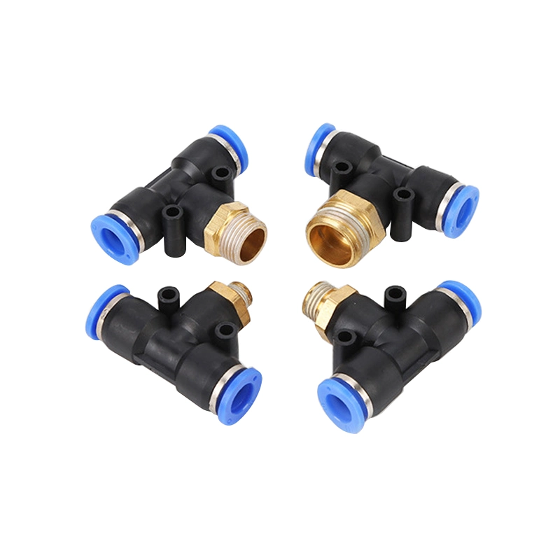 PBT Male Thread Tee Union Threaded-to-Tube 3 Way Nickle-Plated Push in Pneumatic Fitting