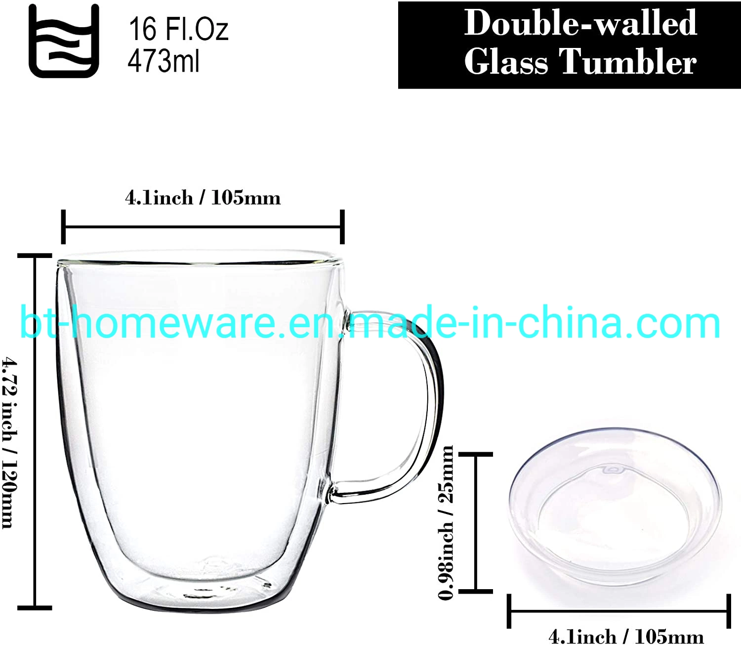 Commerce de gros 15oz 450ml en verre en verre borosilicaté Double facile à nettoyer pour le café thé de lait de la bière avec couvercle en bambou et de la poignée pour un usage quotidien du bureau de cadeaux