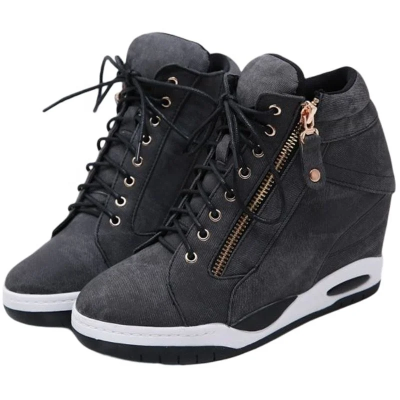 New Platform Casual Denim Female Shoes Side Zipper High Wedge Heel High-Top Ladies Platform Sneakers Lace-up Inner Increasing Jeans Shoes for Women