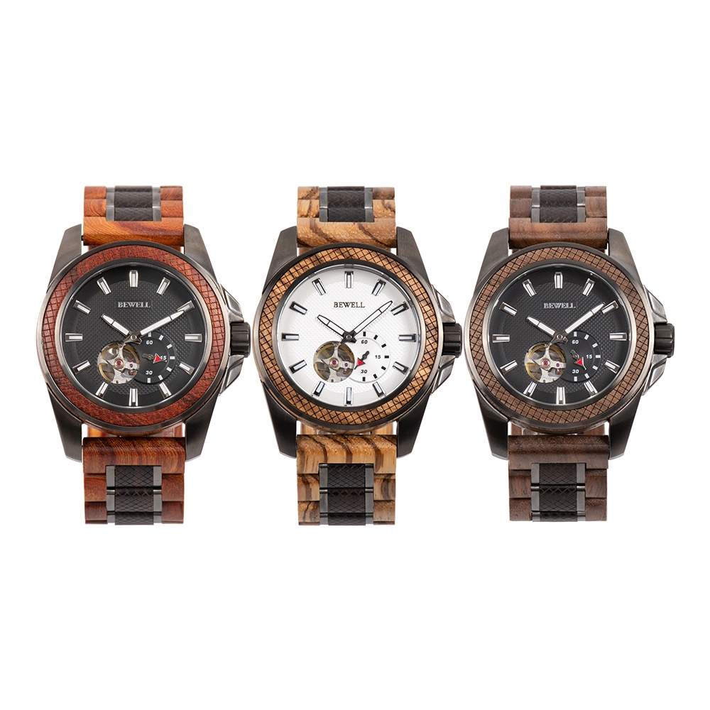 Bewell New Arrival Wholesale/Supplier Luxury Stainless Steel with Wood Case and Strap 3ATM Water Resistant Men Wood Automatic Watch