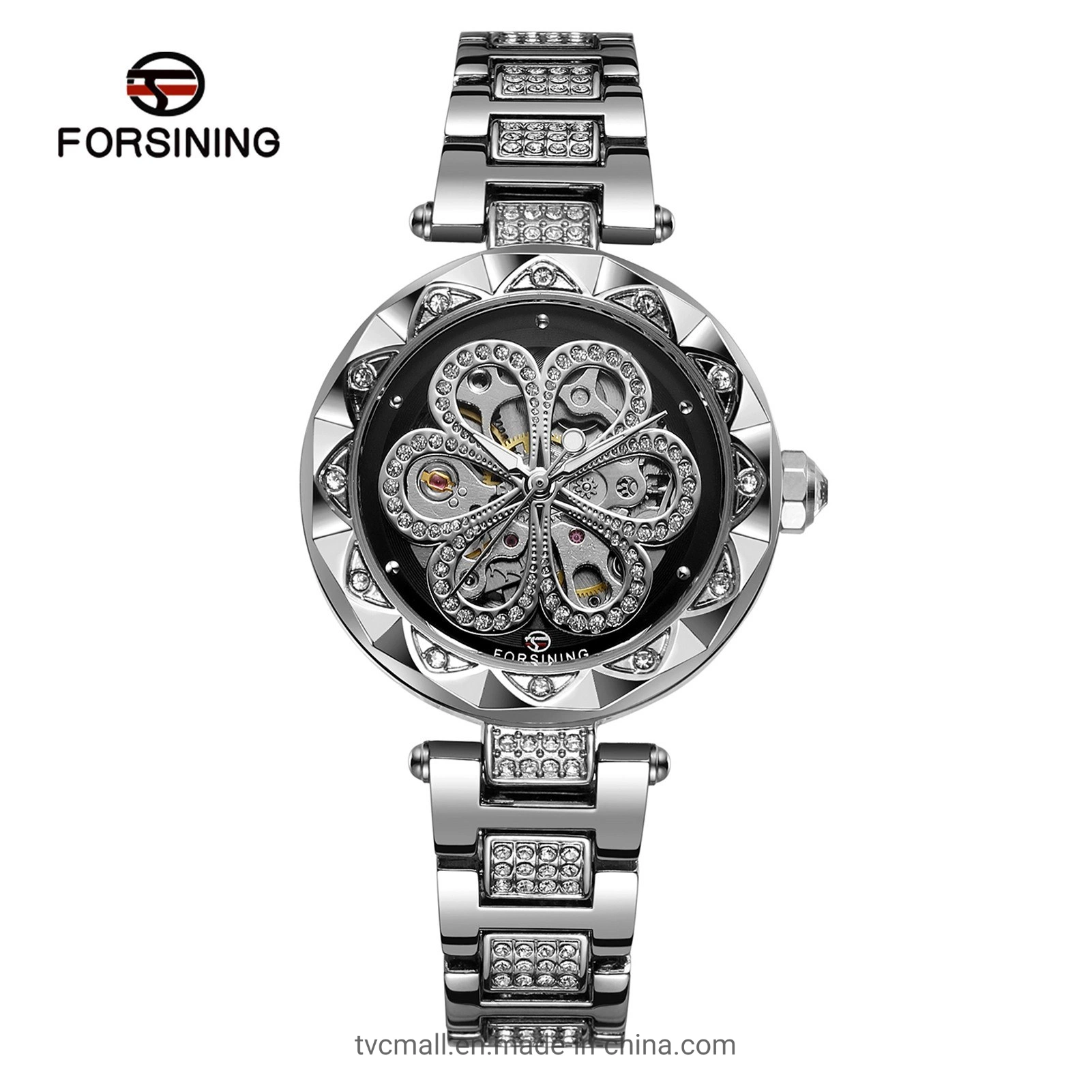 Reloj de mujeres Forsining Relojes mecánicos automáticos con correa de acero inoxidable Classic Hollow Diseño luminoso Display Wristwatch de moda - Negro / Plata