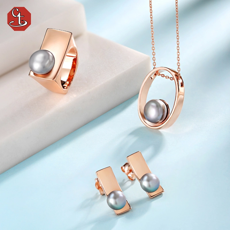 Elegant Ladies Jewelry Ring Necklace 925 Sterling Silver Natural Pearl Jewelry Set