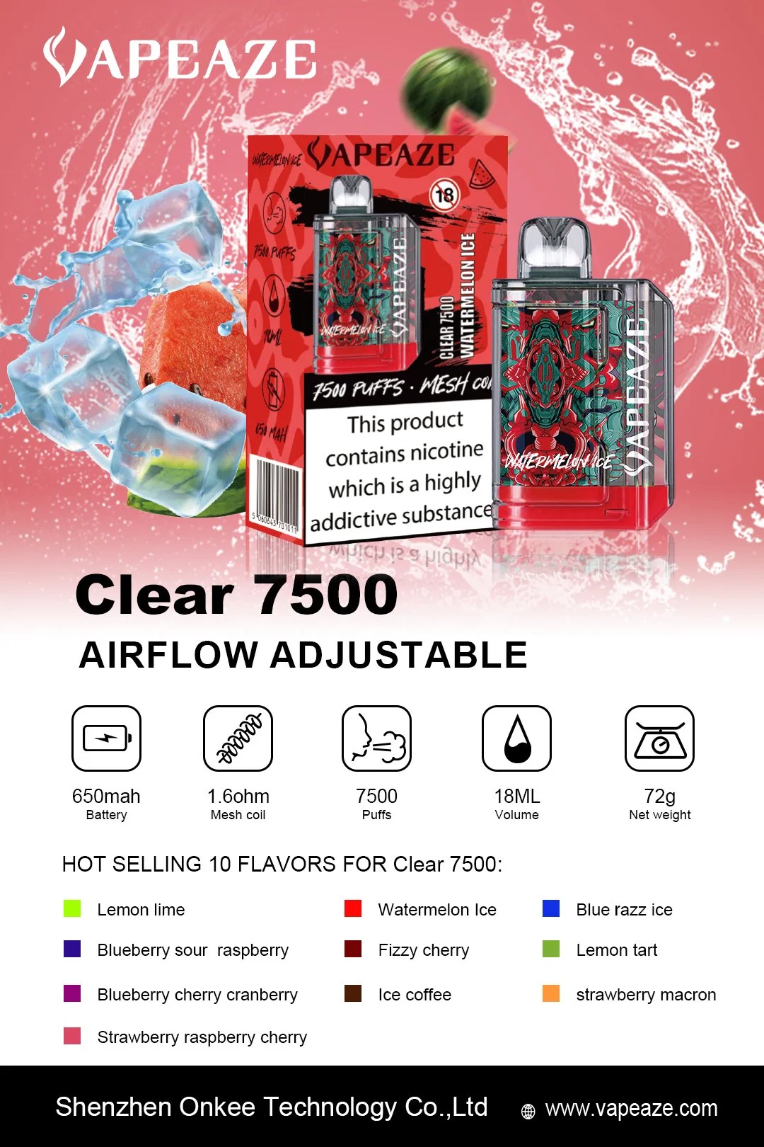 Clear7500 Puffs Vape Pod - 20 Flavors+ 16ml E-Liquid - Rechargeable - Wholesale/Supplier