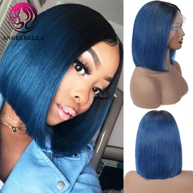 Angelbella Fashion Color 1b/Green Front Lace Bob Wig Cheap Brazilian Human Hair Natural Remy Hair Weave