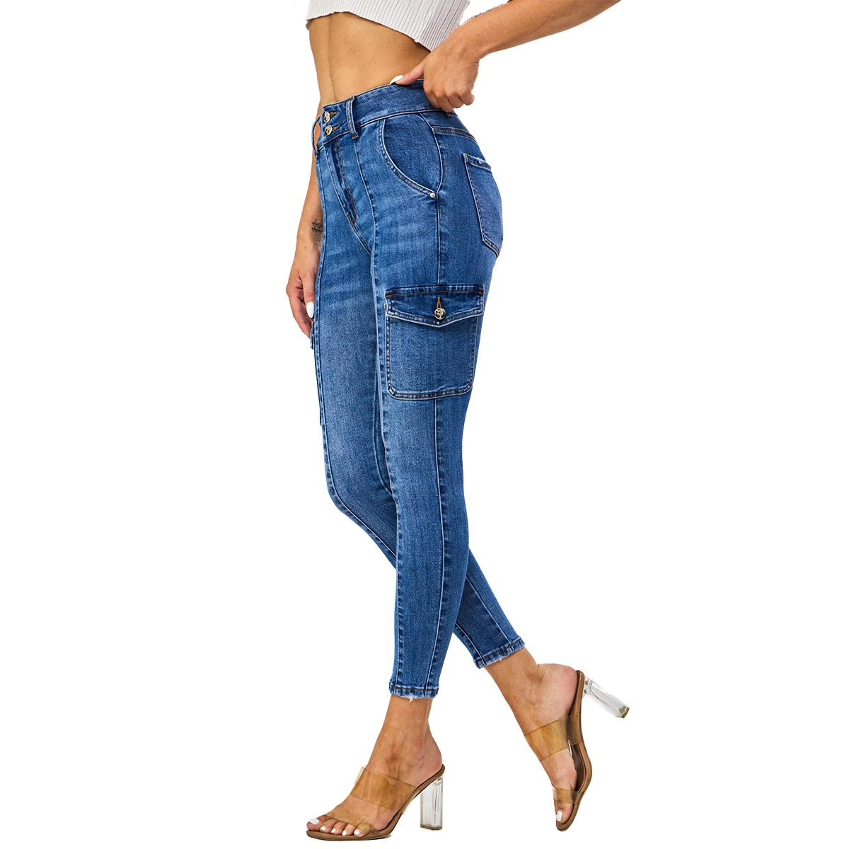 Custom Vintage Medium Blue Double Button Closure Stretch Skinny Women Cargo Jeans