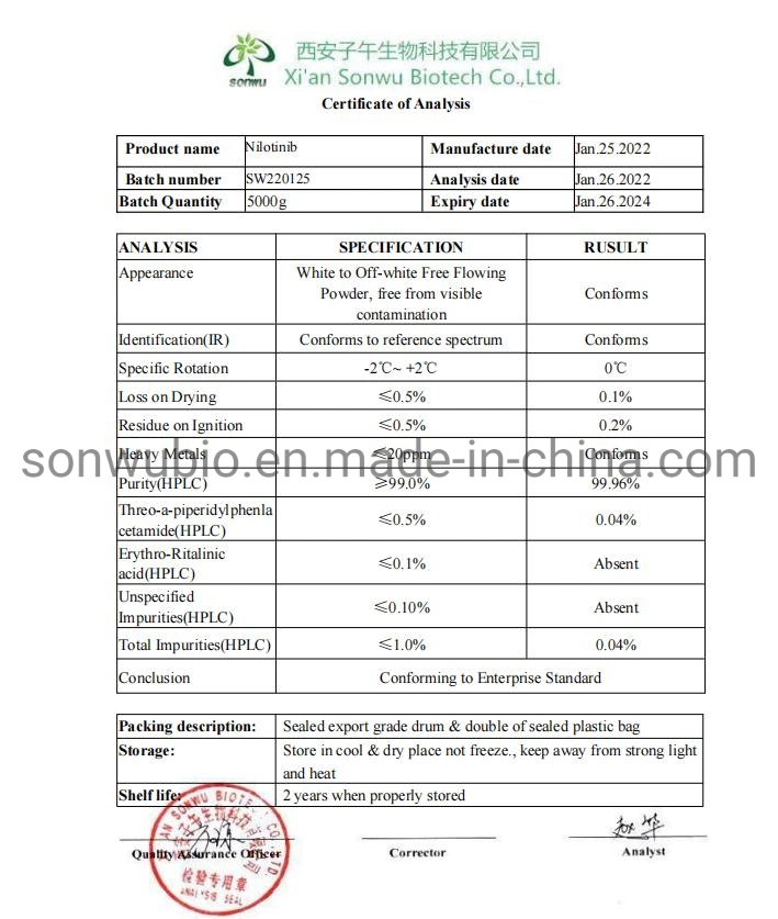 Alimentación Sonwu CAS 641571-10-0 polvo crudo el nilotinib Contra el Cáncer