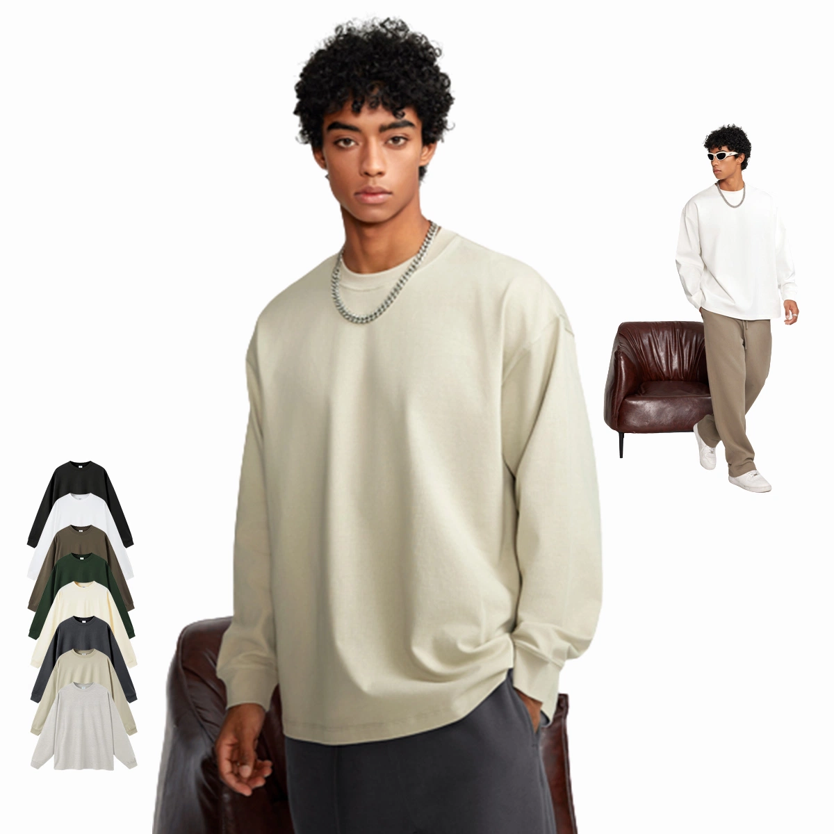 2023 Custom Fall Winter Unisex Basic T-Shirt 425g 100% Cotton Long-Sleeve T Shirt Men Oversized Drop Shoulder Loose Dgt Printing Plain Tee T Shirts