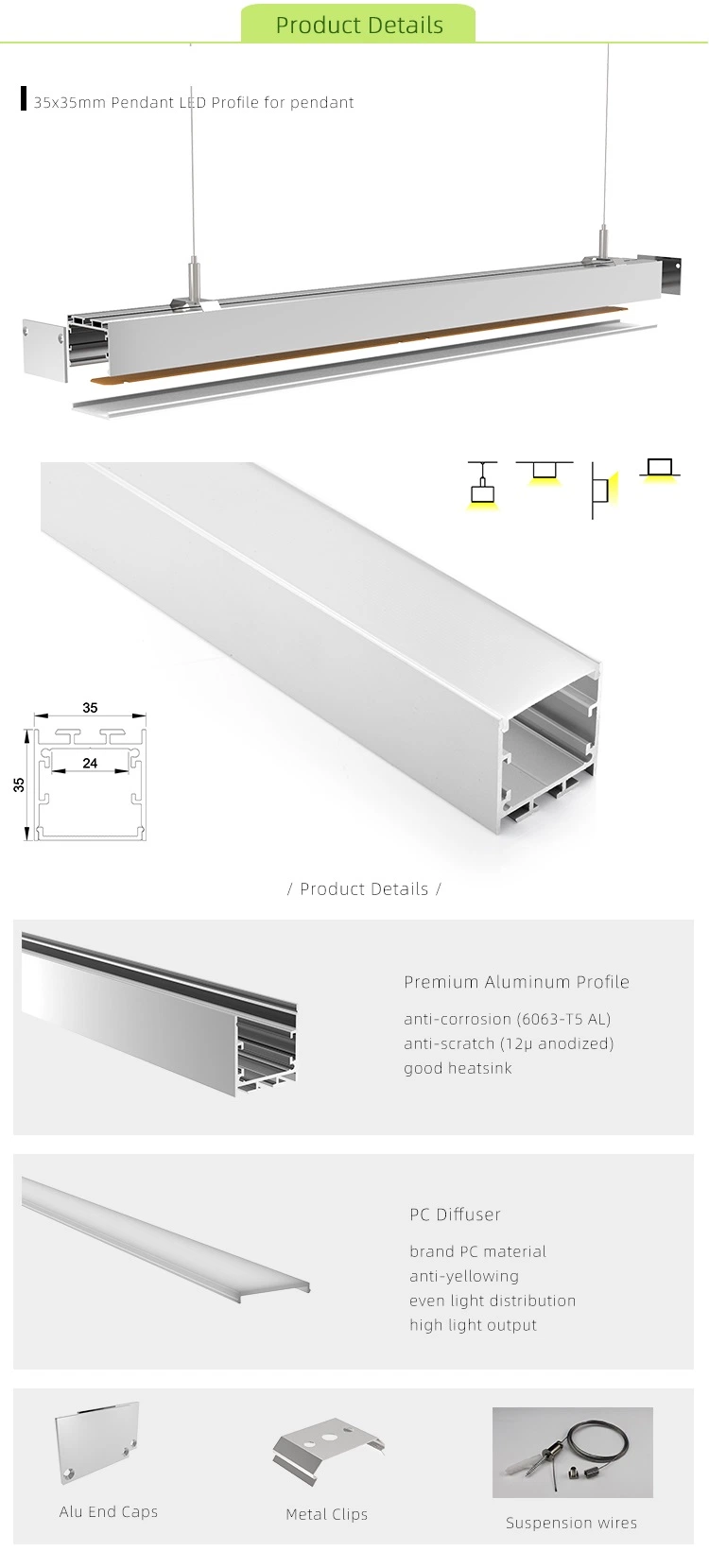 35x35mm cuadrado en forma de U de montaje en superficie suspendida de pared LED Empotrables de perfil de aluminio