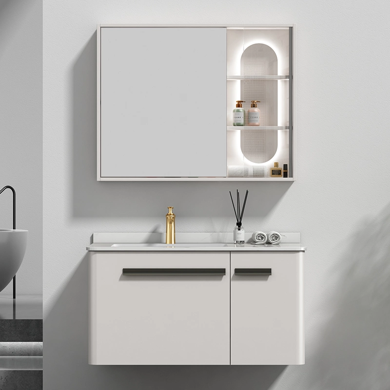 Customized Left Sided Floating Vanity White Color Wood Storage Bathroom Cabinet with Sink Combo