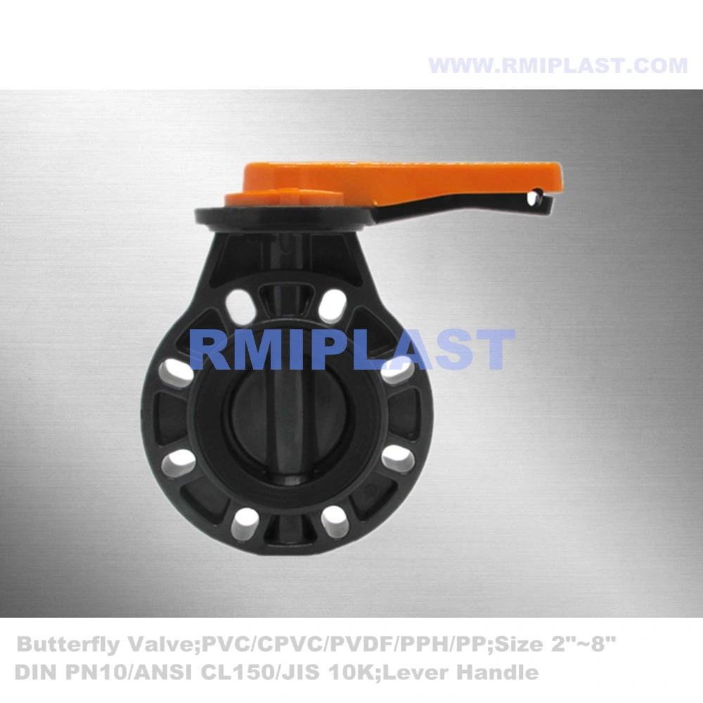 Plastic UPVC Butterfly Valve PVC by Wafer Type Flange Standard Universal ANSI #150 JIS10K DIN Pn10 1" 1-1/4" 1-1/2" 2" 2-1/2" 3" 4" 5" 6" 8" Lever Handle