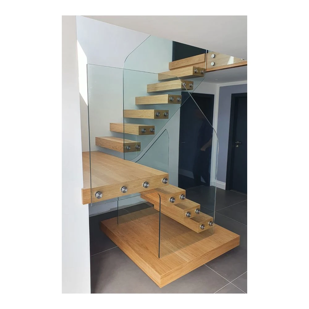 Floating Staircase Modern Design Indoor Straight Glass Railing LED Staircase Solid Wood Treads Floating Steel Wood Stairs