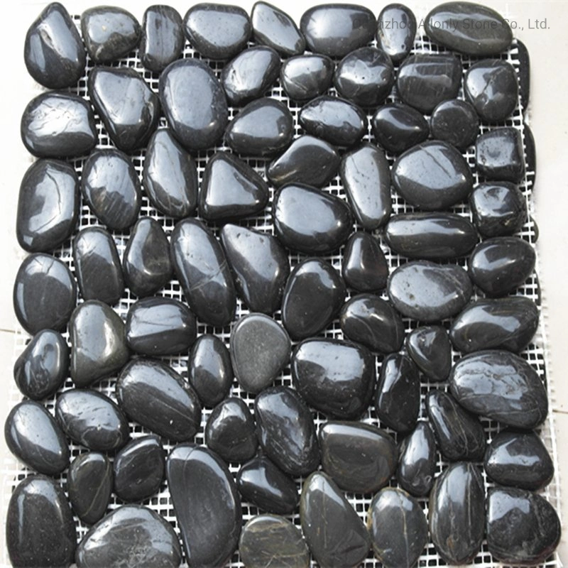 River Stone/ Beach Stones Meshed on Net Black Pebble Tile