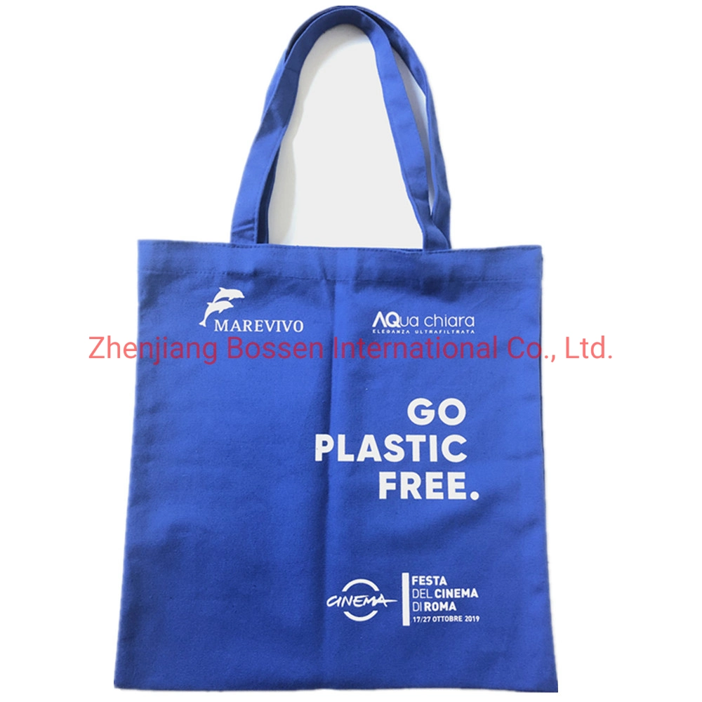 OEM Customized Logo Silk Print Royal Blue Cotton Canvas Shopper Tote Bag