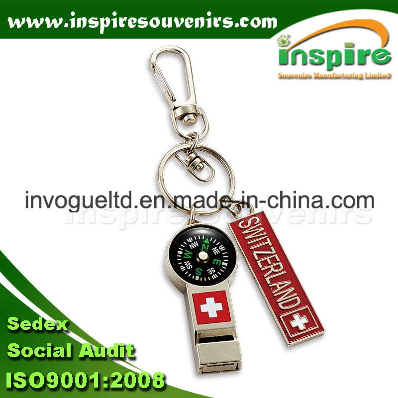 Functional Metal Key Chain with Whistle & Compass, Customized Key Ring
