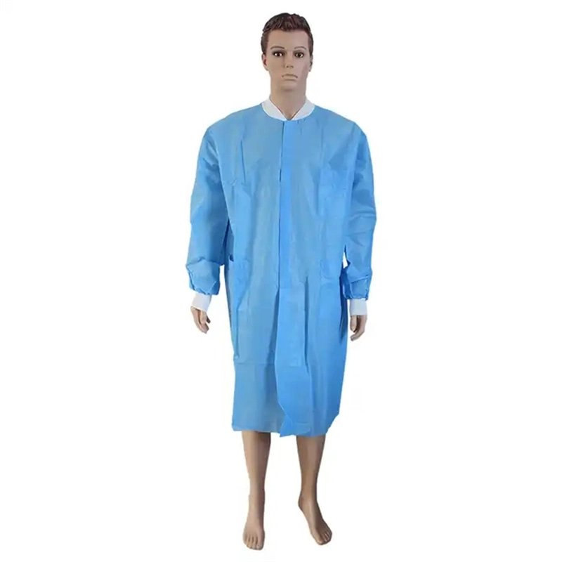 CE/FDA/ISO13489 Vestuario desechable de laboratorio SMS no tejido de capa de laboratorio Azul Con cuello de punto y bolsillos