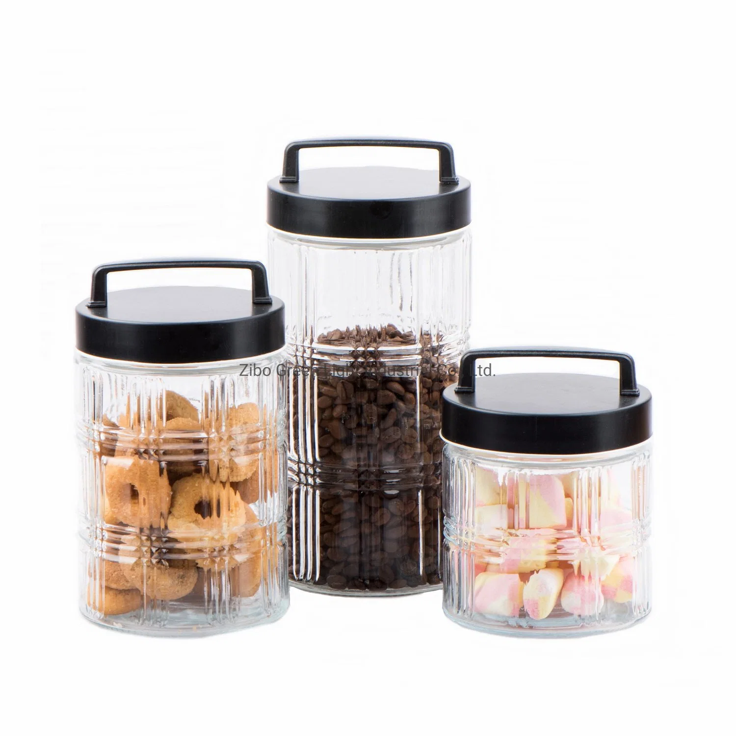 Embossed Glass Food Storage Jar with Black Metal Screw Lid